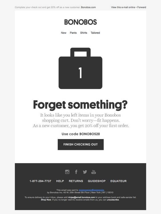 Cart abandonment email from Bonobos
