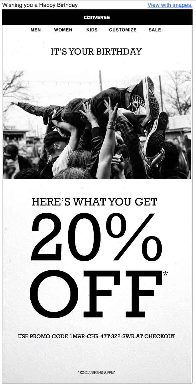 Birthday email from Converse with a 20% discount code.