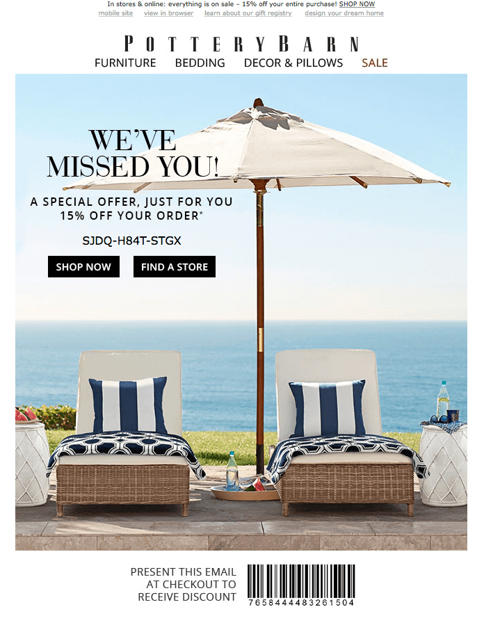 Re-engagement email from PotteryBarn.