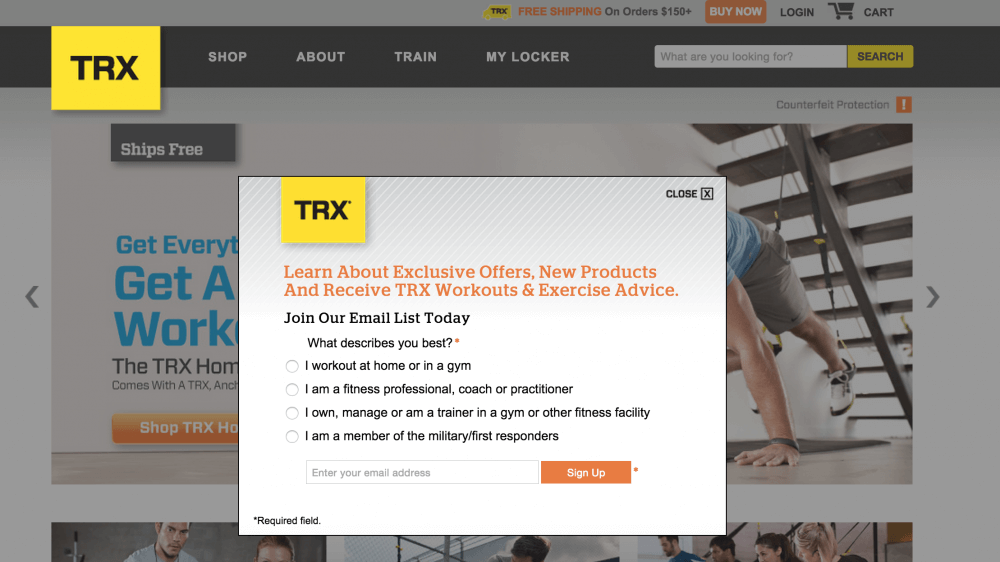 TRX newsletter pop-up form for subscriber segmentation from the start